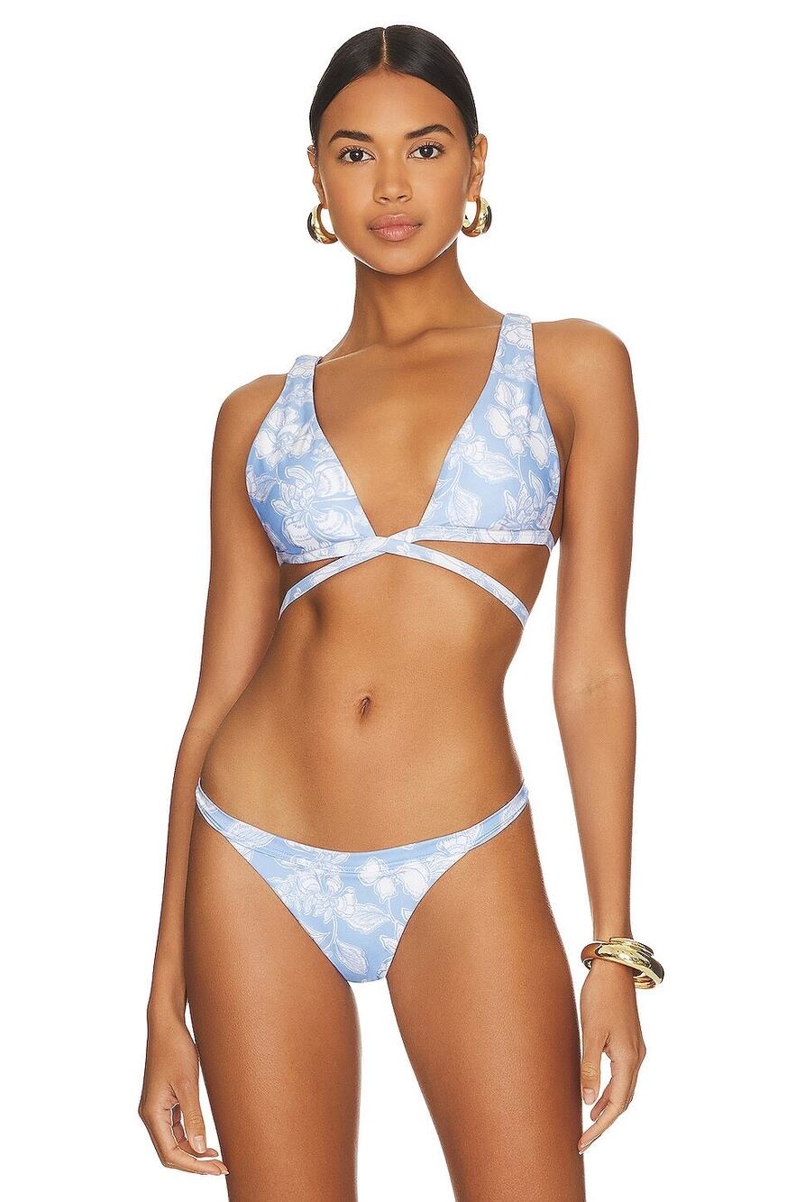 L*Space Avery Bali Blooms Blue Floral Print Strappy Bikini Swimsuit Top Size M